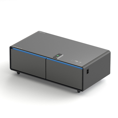 Tabla de café LED moderna y negra con refrigerador de 135L y cargador de teléfono