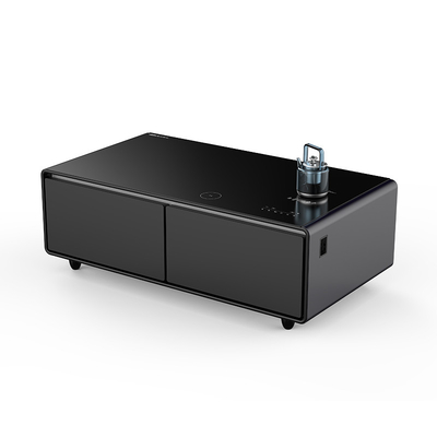 Tabla de café LED moderna y negra con refrigerador de 135L y cargador de teléfono