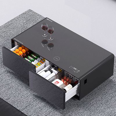 Tabla de café LED moderna y negra con refrigerador de 135L y cargador de teléfono