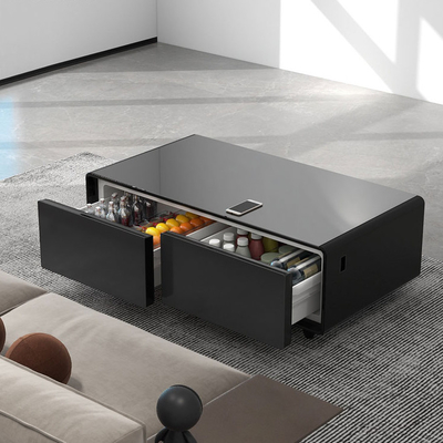 Muebles modernos de aluminio para el hogar Mesa de café con cajones y refrigerador de cristal