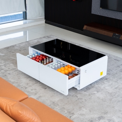 2024 Mesa de té para el salón con refrigerador y cajones de almacenamiento Blanco/Negro/madera