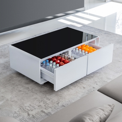 Mesa de café de estilo moderno de vidrio templado con cajón de congelador y mini nevera