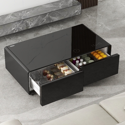 Mesa de café de estilo moderno de vidrio templado con cajón de congelador y mini nevera
