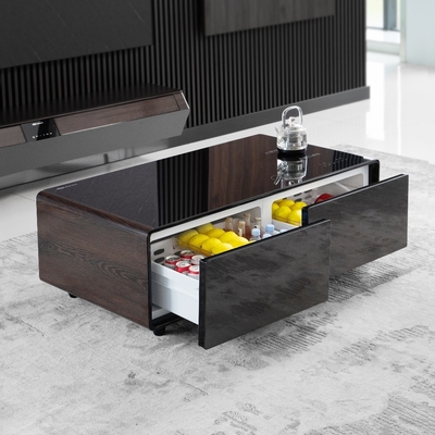 Mesa de café de metal moderna con pantalla táctil inteligente y nevera incorporada
