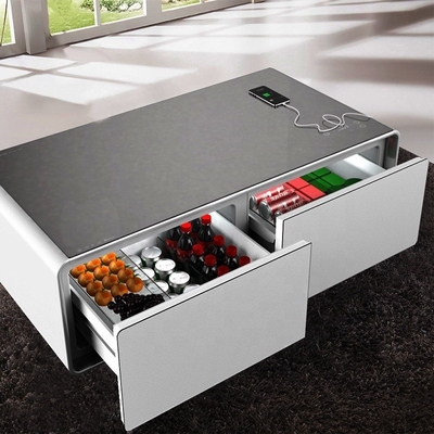 Mesa de café inteligente de ahorro de energía con mini refrigerador incorporado y doble cajón de almacenamiento