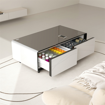 Mesa de café de vidrio moderna con carga y enfriamiento inalámbricos Mesa lateral de doble cajón