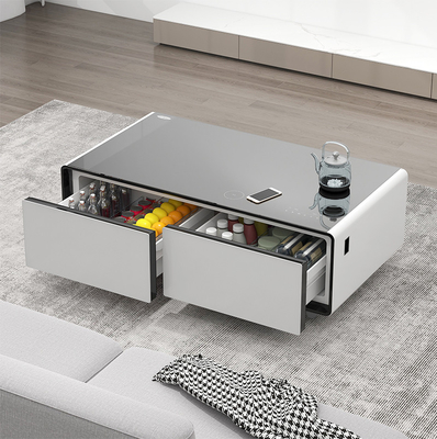 Mesa de café de vidrio moderna con carga y enfriamiento inalámbricos Mesa lateral de doble cajón