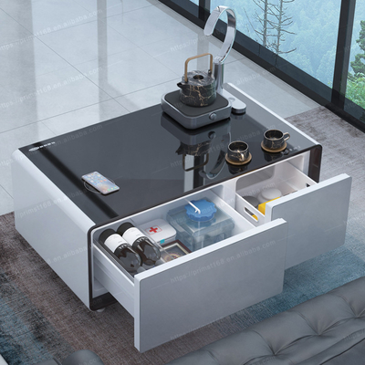 Mesa de café inteligente multifuncional con carga inalámbrica y refrigerador de compresor