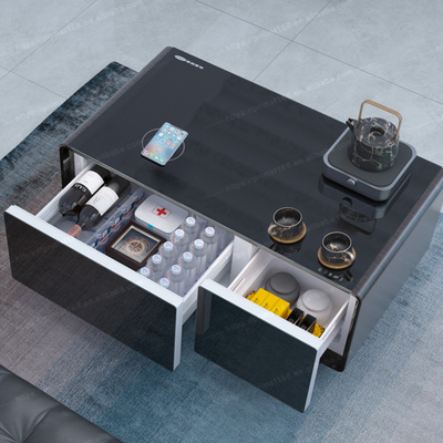 Mesa de café inteligente multifuncional con carga inalámbrica y refrigerador de compresor