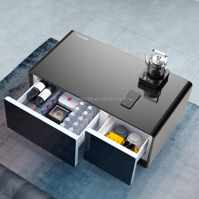 Mesa de café moderna con panel de control LED cargador inalámbrico y refrigerador incorporado