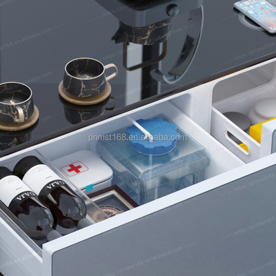 Mesa de café moderna con panel de control LED cargador inalámbrico y refrigerador incorporado