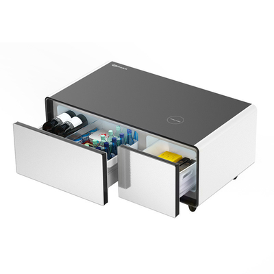 Mesa de vidrio templado Smart Mesa de café con altavoz de nevera incorporado y almacenamiento
