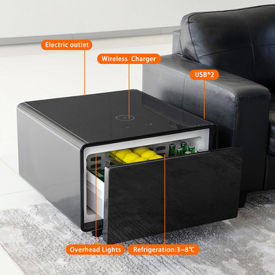 Sala de estar de estilo nórdico moderno con carga inalámbrica y mesa lateral inteligente con parámetros USB