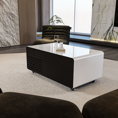 Muebles inteligentes Mesa de café con logotipo de impresión de pantalla de seda y 2 cajones de refrigerador