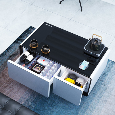 Mesa de café eléctrica blanca con patrón de logotipo con tecnología moderna de refrigeración de refrigerador