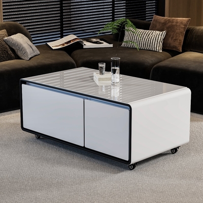 Muebles inteligentes Mesa de café con logotipo de impresión de pantalla de seda y 2 cajones de refrigerador