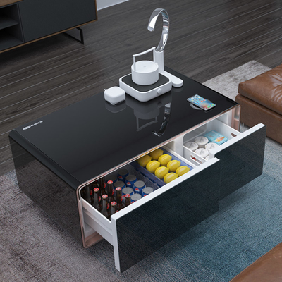 Mesa de café eléctrica blanca con patrón de logotipo con tecnología moderna de refrigeración de refrigerador