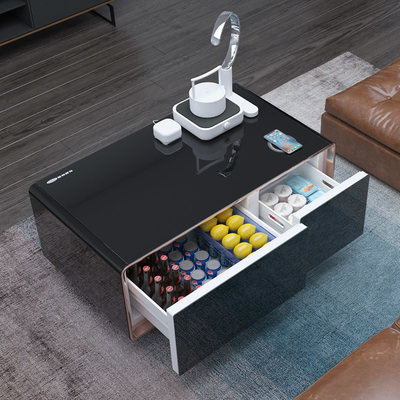 Mesa de café eléctrica blanca con patrón de logotipo con tecnología moderna de refrigeración de refrigerador