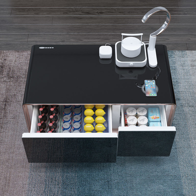 Mesa de café eléctrica blanca con patrón de logotipo con tecnología moderna de refrigeración de refrigerador