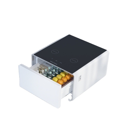 Refrigerador moderno mesa de estar con nevera incorporada y carga inalámbrica