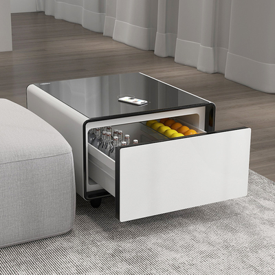 Refrigerador moderno mesa de estar con nevera incorporada y carga inalámbrica