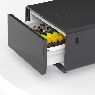 Mesa de café moderna con pantalla táctil con refrigerador incorporado y cargador inalámbrico