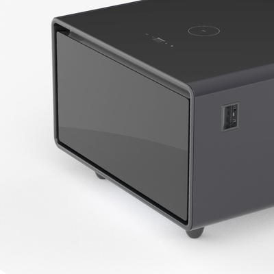 Mesa de café moderna con pantalla táctil con refrigerador incorporado y cargador inalámbrico
