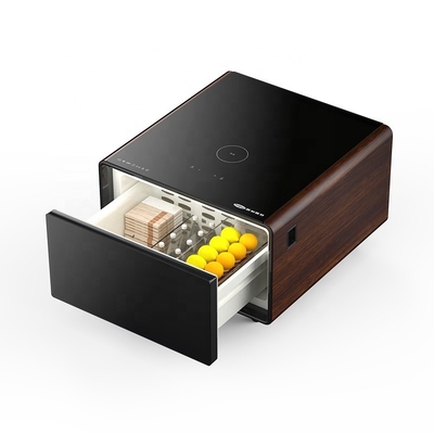Mesa de café moderna con pantalla táctil con refrigerador incorporado y cargador inalámbrico