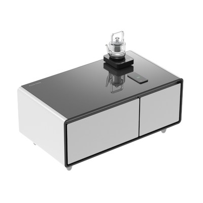Mesa de vidrio templado Smart Mesa de café con altavoz de nevera incorporado y almacenamiento