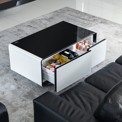 Mesa de café inteligente con 2 cajones de refrigerador y mesa de vidrio templado