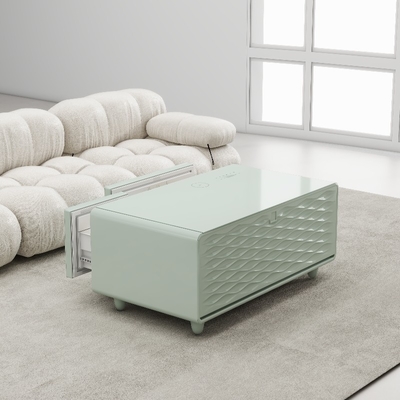 Mesa de café de vidrio templado con refrigerador incorporado y carga inalámbrica